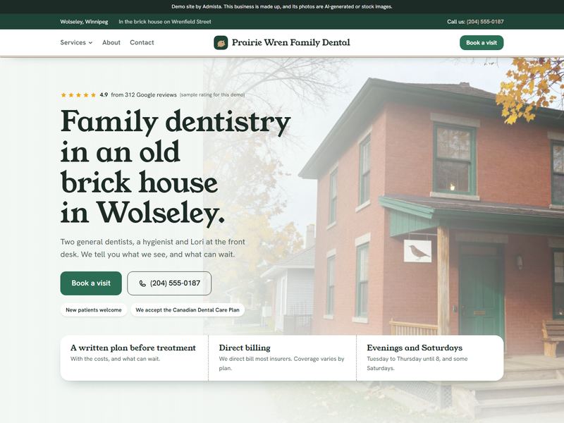 Prairie Wren Family Dental demo site, first screen