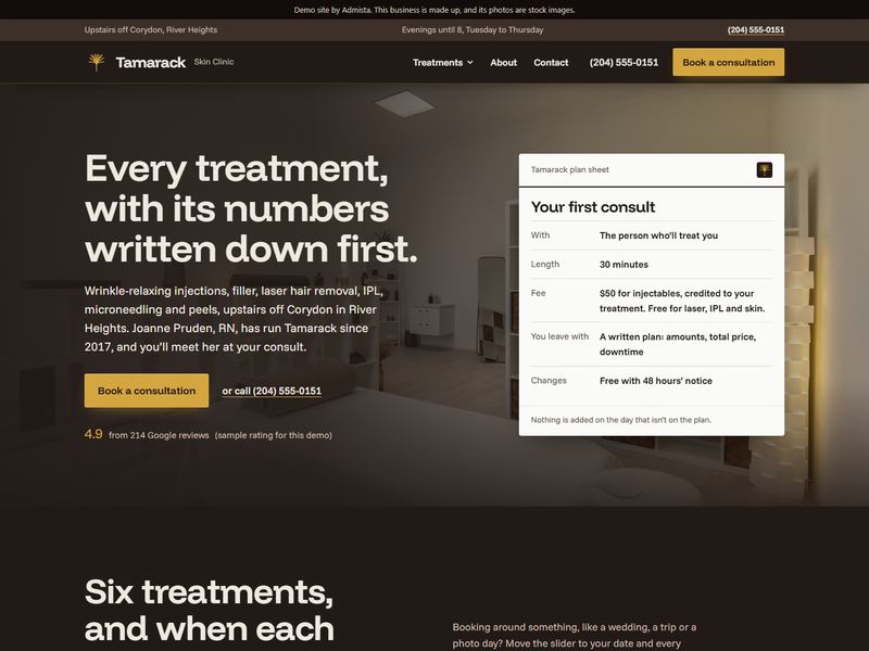 Tamarack Skin Clinic demo site, first screen